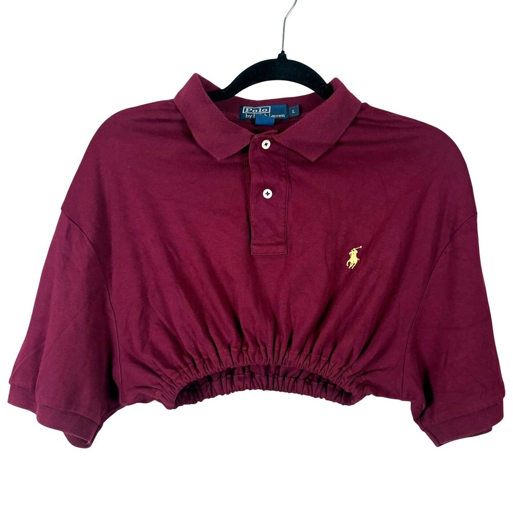 VTG Polo Ralph Lauren ReMade Cropped Elastic Hem Polo Shirt Burgundy Womens L